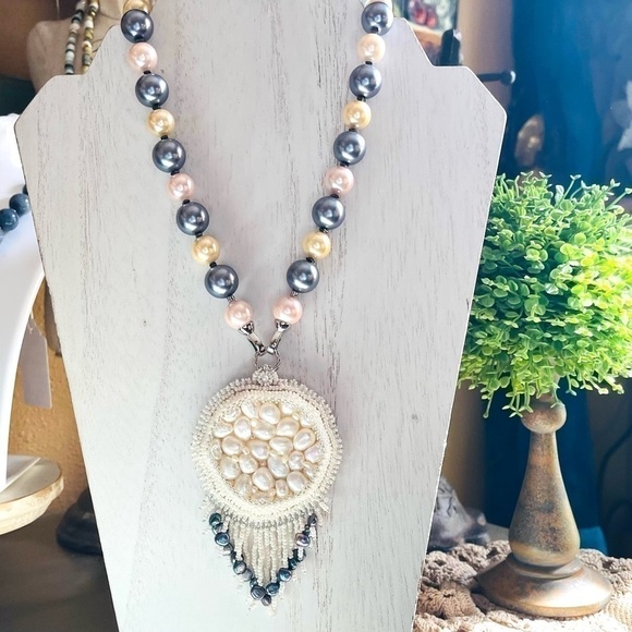 DANLENA Long Beaded Pearl Silver Necklace Earring Set Leather Handmade N… - Picture 1 of 7